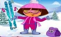 Dora vestida para esquiar